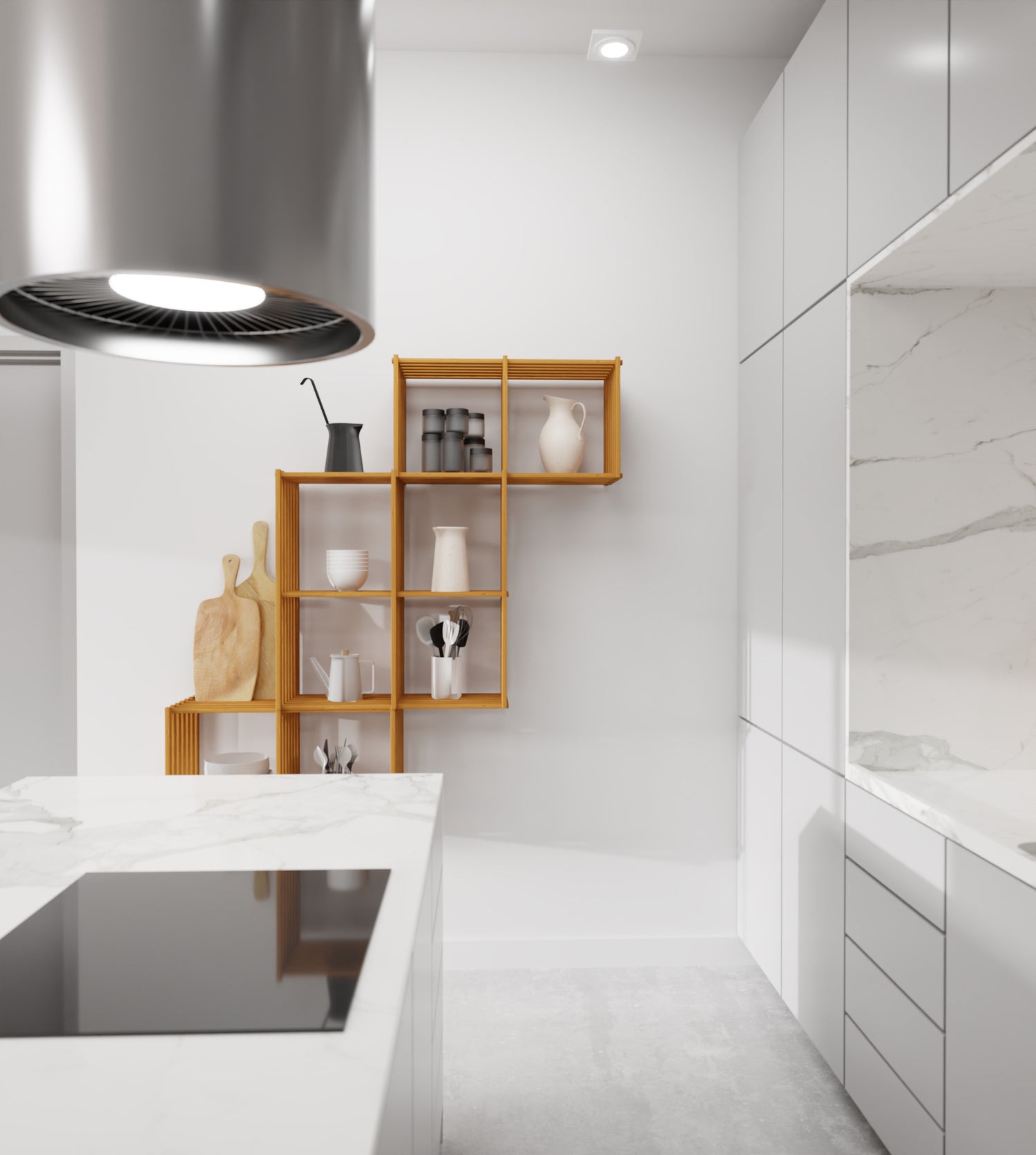 KUBUS moduler svævende i en moderne køkken med marmor bordplade og hvide låger smat cementgulv.