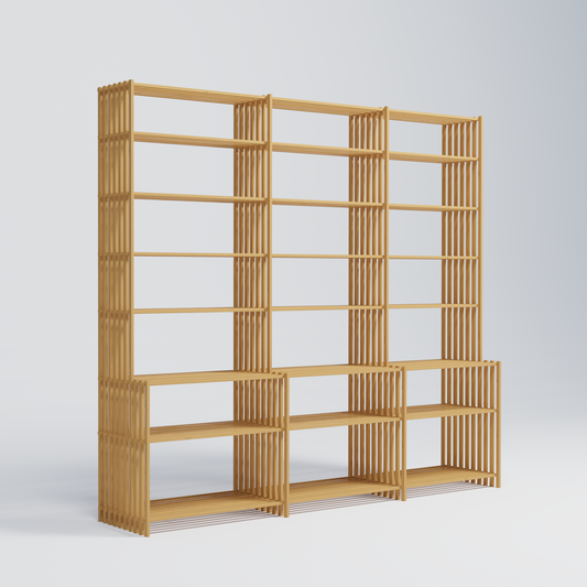 Den to-delte udgave af dobbeltdybde reolen. Thorvald Lissaus Double reol består af en dybere nedre del og en smallere højre del.