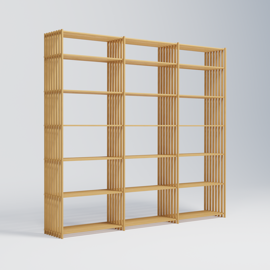 Tre-delt Office reol i 177 cm bredde og 208 cm højde. Den har 18 rum.